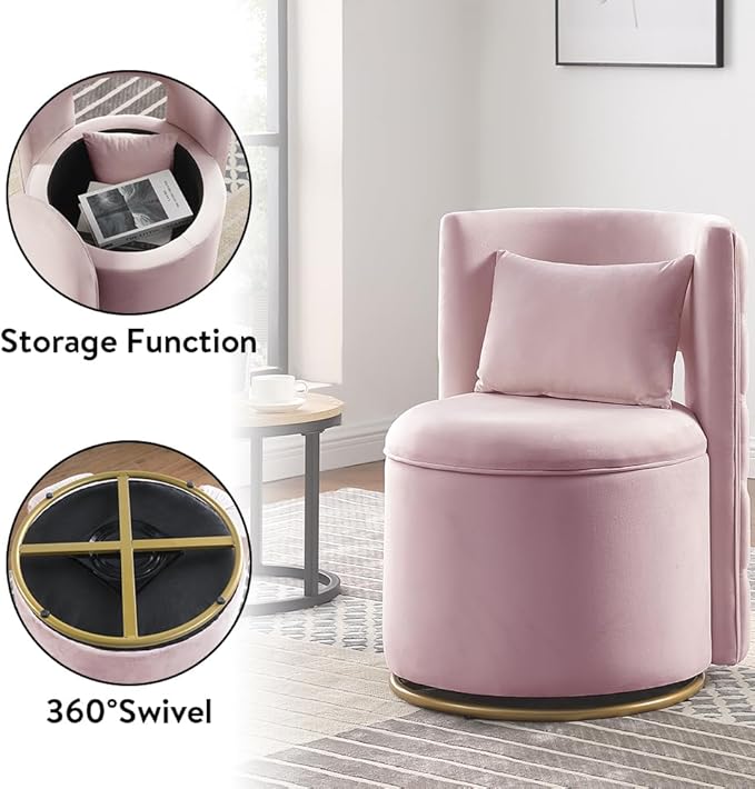 360 Degree Swivel Accent Chair Velvet Round Storage Sofa Club Upholstered Barrel Modern Arm Chair for Nursery Living Room Hotel Bedroom Office Lounge Hotel Office (Pink)