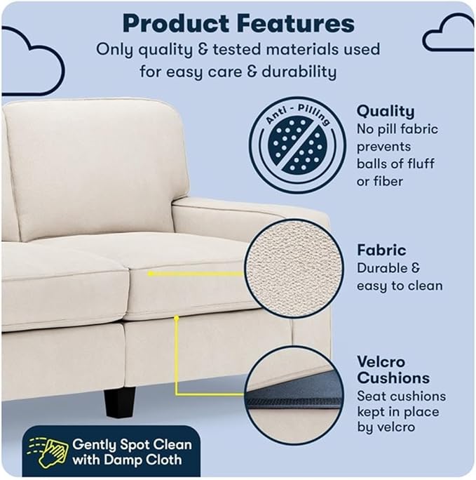 Pemberly Row 61 Track Arm Sofa Loveseat Solid Wood Frame Cream White Upholstery Removable Covers Pocket Coil Seat Cushions Space-Saving Design Modern Classic Style for Living Room or Home