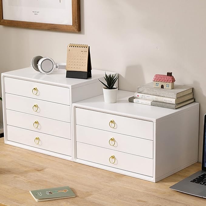 Desktop File Cabinet - Desktop Storage Box with Drawers Wooden Desktop File Cabinet Multilayer Desktop Organizer Storage Box with Drawers for Monitor Stand/Printer Platform (A 4 Drawer)