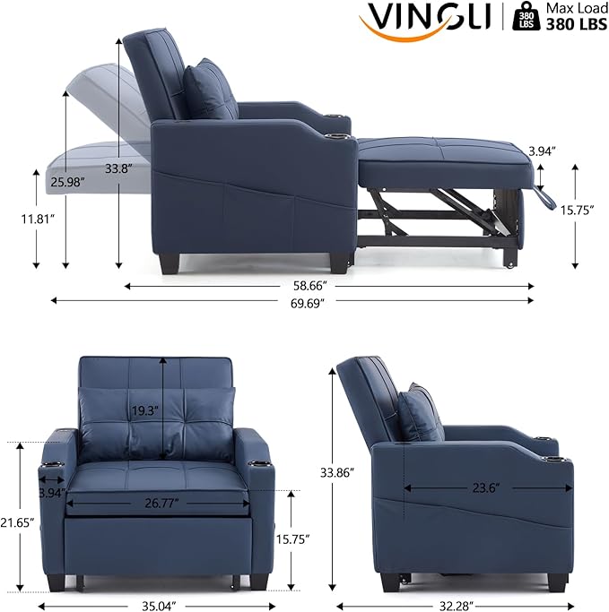 VINGLI Blue Sleeper Chair Bed 3-in-1 Convertible Futon Sofa Bed Pull Out Couch Bed Adjustable Recliner Chair with USB Ports Cup Holders Side Pockets for Living Room Bedroom Small Spaces