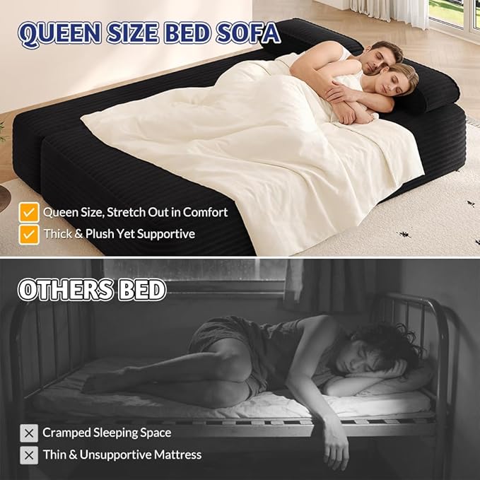 78.7 Queen Convertible Sofa Bed 2-in-1 Corduroy Folding Floor Couch with 3 Pillows Sleeper Sofa for Living Room and Bedroom No Assembly Required (Black)