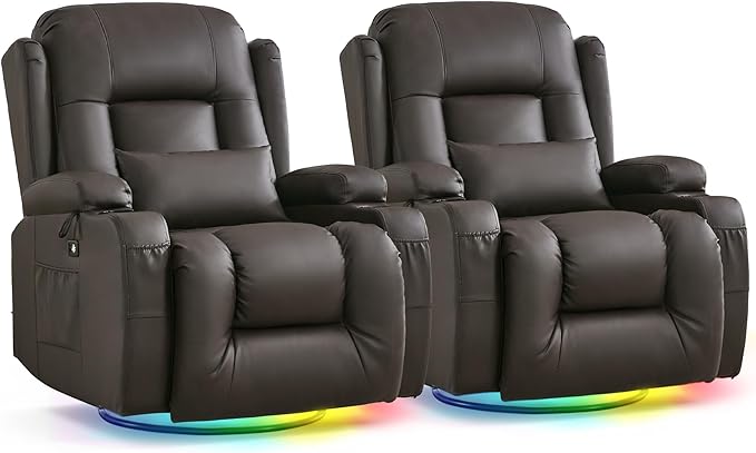 URRED Rocker Recliner Chair for Adults 270° Swivel Glider Reclining Single Sofa with LED Ambient Light Cup Holders and Side Pockets Faux Leather Recliner for Living Room or Home Theater Brown