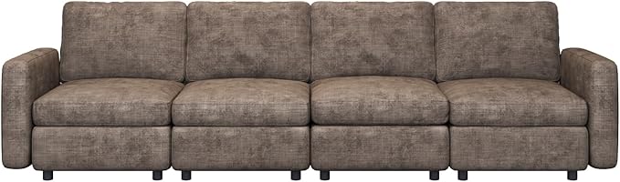 Modern Brown Modular Sofa with Deep Seating Soft Cushions Sectional Couch Available in Loveseat or Multi-Seat Options Minimalist Design for Office Living Room or Bedroom (4-Seater Sofa)
