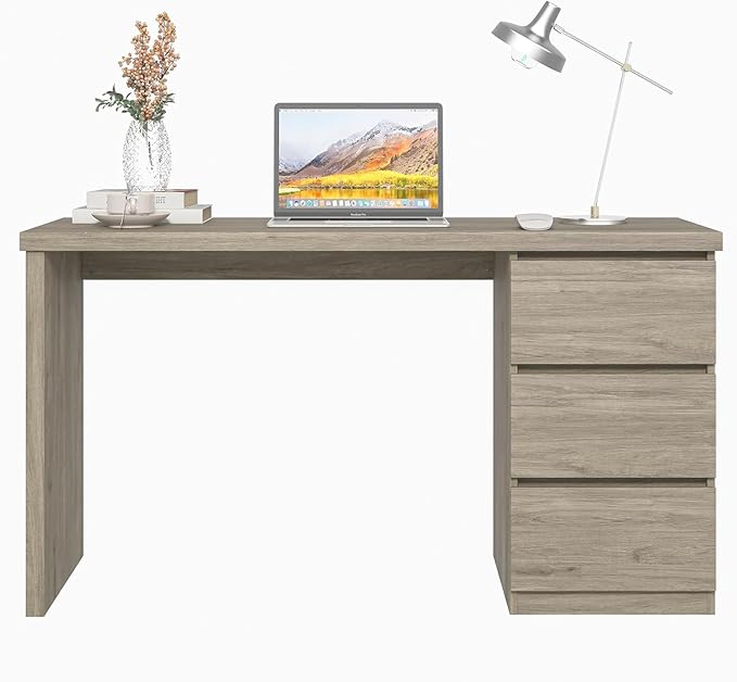 furtble Computer Desk with Drawers 53.5 inches Wood Work Desk Home Office PC Desk Workstation with Storage Farmhouse Computer Table for Bedroom Living Room Grey Oak