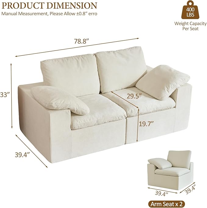 ANONER 78 Loveseat Sofa Deep Seats Cloud Sectional Couches for Living Room 2 Seater Boneless Couch Modern Modular Loveseats No Assembly Beige | Adjustable Backrest Premium Chenille 29.3 Deep