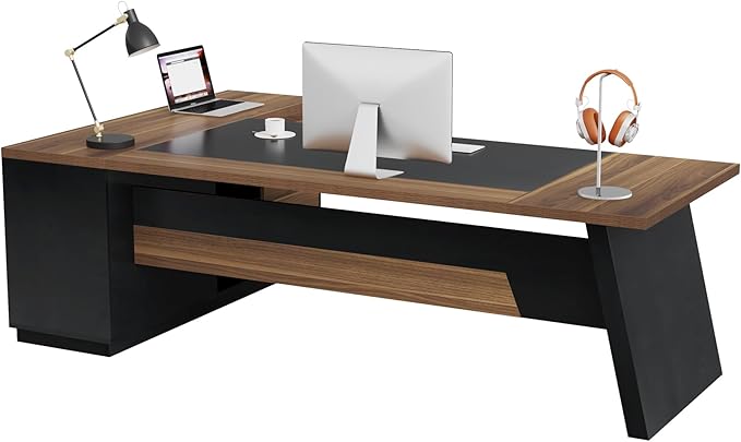 Tribesigns 78 L-Shaped Executive Desk Extra Large Modern Office Desk with Drawers and File Cabinet Business Furniture with Storage Shelves Big Computer Desk for Home Office (Light Walnut + Black)