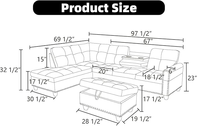 FONTOI L Shaped Sectional Couch Sofa 4-Seat Modern Sectional Sofa with Cup Holders &amp Nail-Head Trim – PU Leather L-Shaped Couch for Living Room Bedroom Apartment Black B