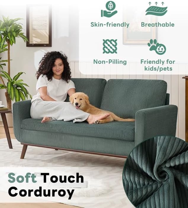 Tbfit 65 Corduroy Love Seat with Spring Cusions Mid Century Modern Loveseat Sofa for Livingroom &amp Bedroom Comfy Upholstered Small Couch
