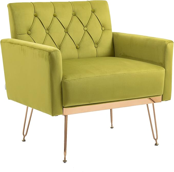 Velvet Accent Chair Upholstered Living Room Accent Armchair Leisure Single Chairs with Rose Golden feet Tufted Sofa Chairs for Home Office Living Room Bedroom Small Space (Olive Green)