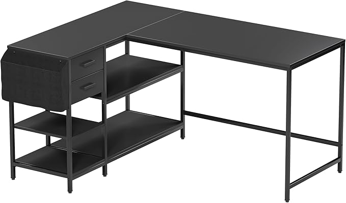 Techni Mobili Modern L-Shaped Desk with Storage Corner Computer Desk for Home &amp Office with 2 Drawers Open Storage Shelves Fabric Organizer &amp Sturdy Metal Frame Black