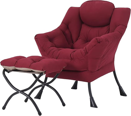 Tiita Lazy Chair with Ottoman Red Modern Large Accent Chair Comfy Leisure Sofa Armchair with Ottoman Reading Chair with Footrest for Bedroom Living Room Dorm Rooms Wine red