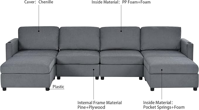 123 Large Modular Sectional SofaModern U-Shaped Sectional couch with Storage6-Seater Deep Seat Chenille Fabric Sofa for Living Room L-Shape Convertible with Movable Ottoman &amp Cup Holders (Grey