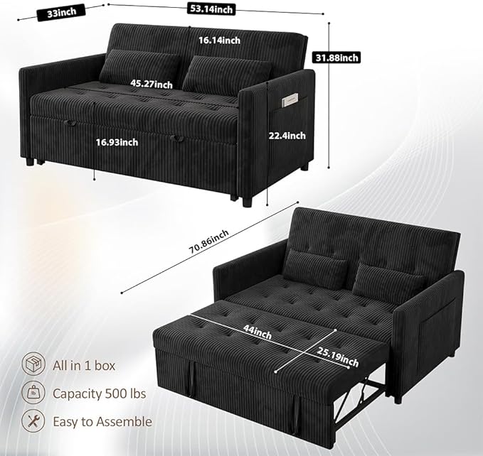 Sofa Bed Loveseat 3-in-1 Sleeper Sofa with Pull Out Bed Pockets and USB Modern 2 Seater Convertible Small Couch for Living Room Bedroom Apartment (Black Corduroy)