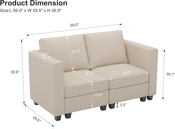 Belffin Corduroy Loveseat Luxury Modular Love Seat with Storage Modern Couch for Living Room Beige