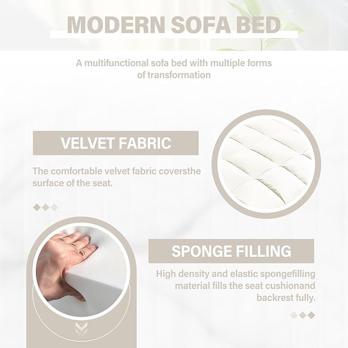 3 in 1 Sleeper Sofa BedConvertible Pull-Out Couch BedFuton Couches for Living Room with Side Pocket and Adjustable Backrest | USB Ports丨Sida Table丨Velvet Fabric | Small Loveseat CouchBeige