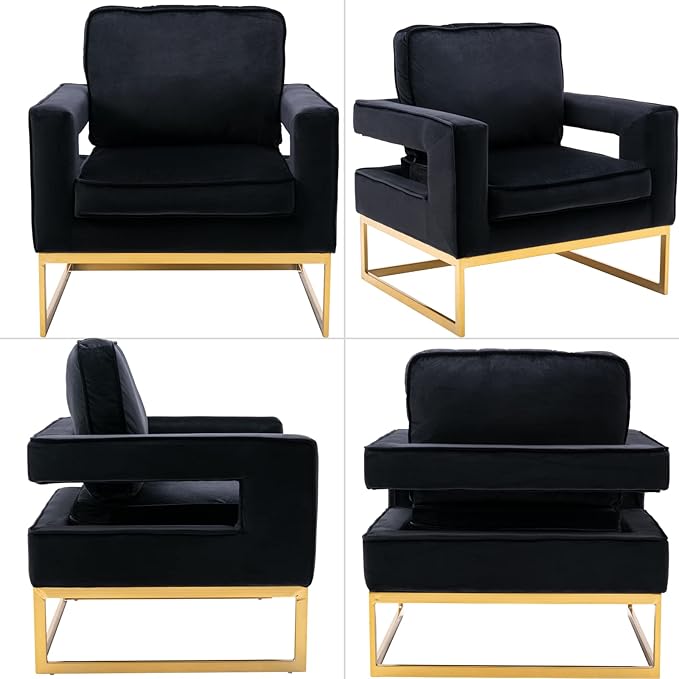 Modern Accent Chair Velvet Upholstered Side Chair with Backrest Comfy Armchair Side Chair with Golden Metal Base for Living Room Reception Room 1PC Black
