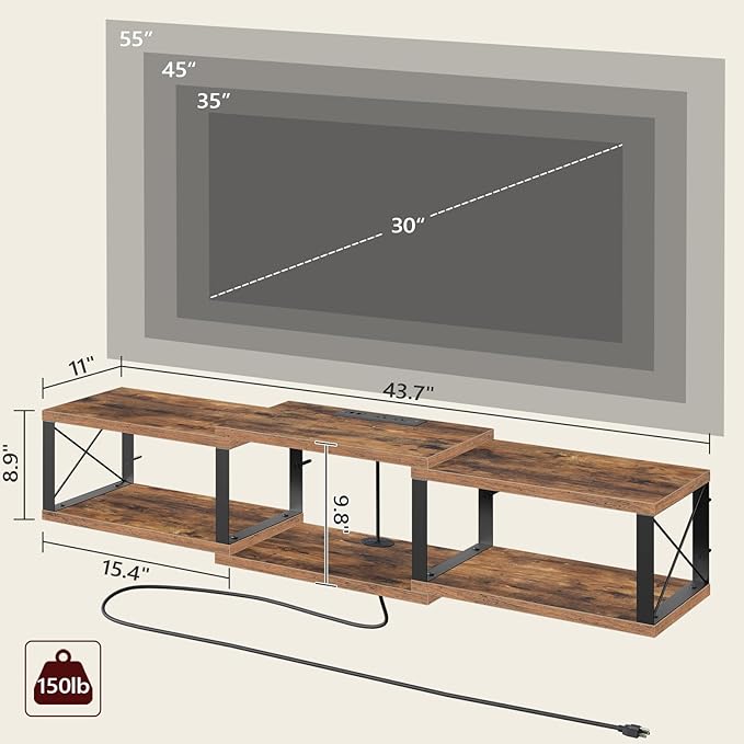 43.7” Floating TV Stand with Power Outlet Wall-Mounted Entertainment Center Floating Metal Frame Media Console Shelf for Under TV Storage for Living Room Bedroom Rustic Brown TVHR101E01