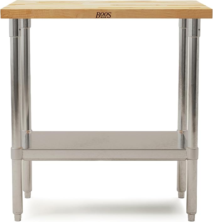 John Boos Maple Wood Top Work Table 36”x24”x36” – 1.5” Thick Tabletop 68-lb Kitchen Station with Wooden Edge-Grain Table &amp Steel Base &amp Adjustable Shelf