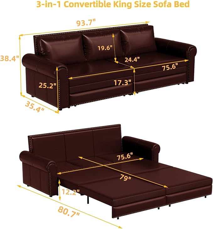 93.7 King Size Chesterfield 3-seat Pull Out Sofa Bed Leather Sofa Bed with Nailhead Trim and Rolled Arm 3-in-1 Sofa Sleeper for Living Room Apartment Office Burgundy