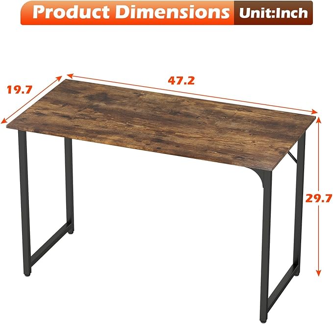 Bigacc Computer Desk Office Desk with Metal Frame Adjustable Feet | Water-Resistant Scratchproof Surface | Sturdy Writing Table for Home Office or Study (Vintage 47 Inch)