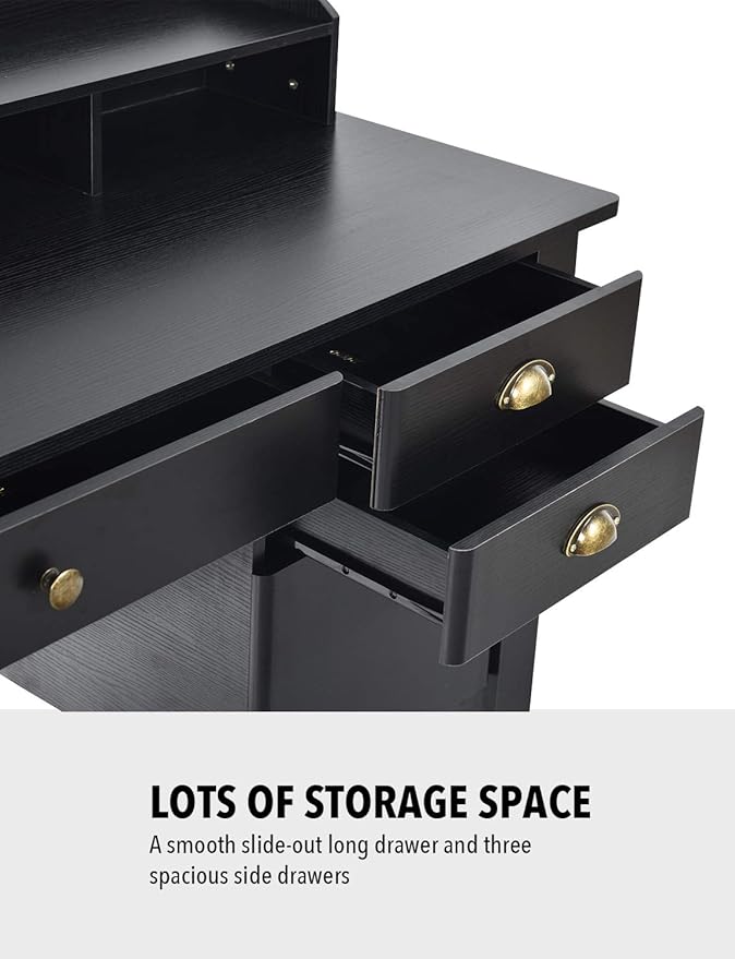 Catrimown Computer Desk with Drawers and Hutch Vintage Wood Home Office Desk Writing Study Teens Student Desk PC Laptop Table for Small Spaces Black