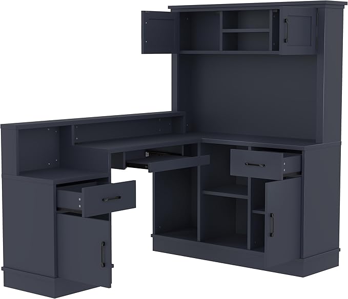L-Shaped Computer Gaming Desk with Outlet Drawers &amp Bookshelf Modern Corner Study Table for Home Office Bedroom Craft Wood DesksBlue
