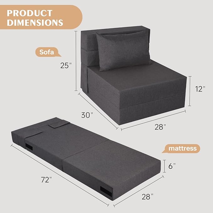 Folding Sofa Bed Foldable Sleeper Chair with Washable Cover Convertible Futon Sofa Bed with Pillow Fold Out Couch for Living Room Dorm Guest Room Single Size Dark Grey