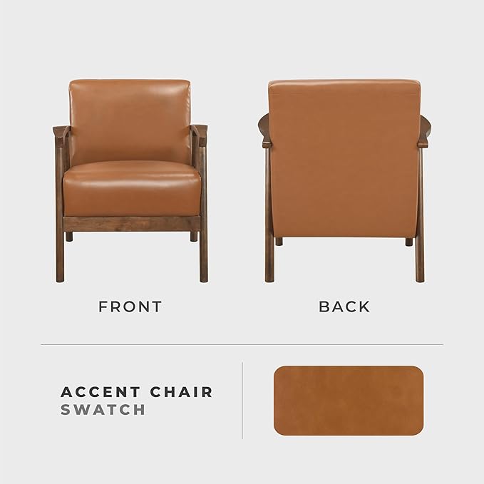 Lexicon Mid Century Modern Accent Chair Faux Leather Upholstered Lounge Armchair Solid Rubber Wood Frame Single Sofa Seat for Living Room/Bedroom/Office/Waiting Area Brown