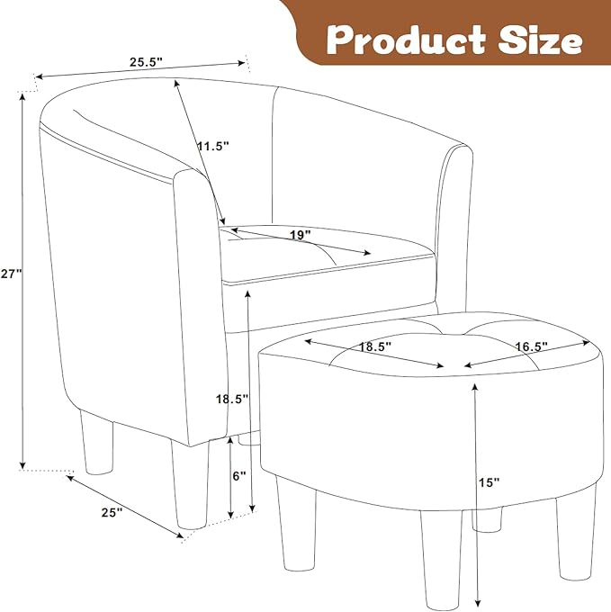 Anwick Accent Chair Barrel Chair with Ottoman Footstool Modern Upholstered Soft Comfy Club Accent Armchair Set for Living Room/Bedroom/Reading Room/Guestroom/Corner (Gray)