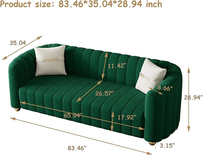 Modern Velvet Loveseat Sofa Couch for Living Room 84 Comfy Upholstered 3 Seater Sofa Couch with Gold Metal Legs &amp 2 Pillows Luxury Sectional Sofa for Bedroom Office Apartment (Green 3 Seaters)