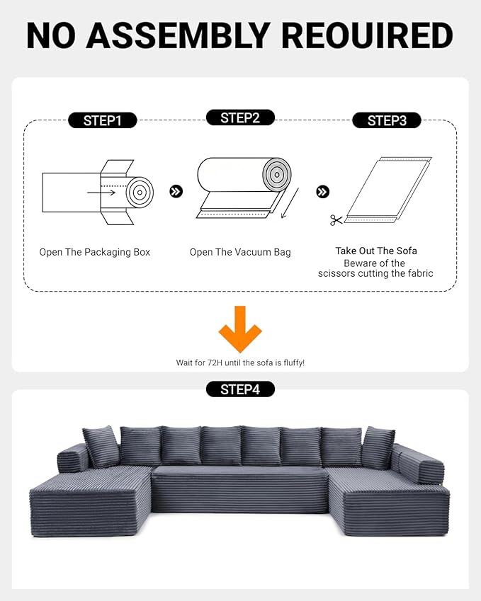145 Oversized Cloud Boneless Sectional Sofa with Chaise Corduroy U Shaped Modular Couch with Deep Seat Fixed Frame Comfy Corner Sofa No Assembly Required (Grey)