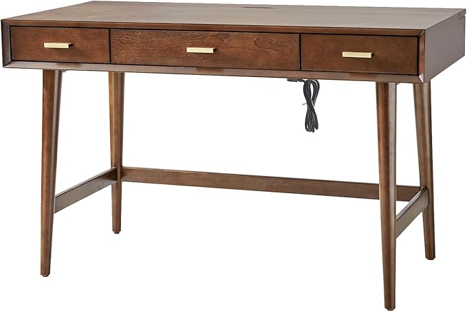 HULALA HOME 47 Writing Desk with 3 Drawers Wood Office Desk with USB Charging Staion Vintage Office Desk with Cable Management(Walnut)