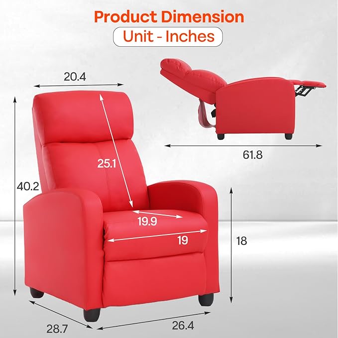 Recliner Chair PU Leather Massage Single Sofa Home Theater Seating Breathable Padded Reading Sofa with Footrest for Bedroom Living RoomRed