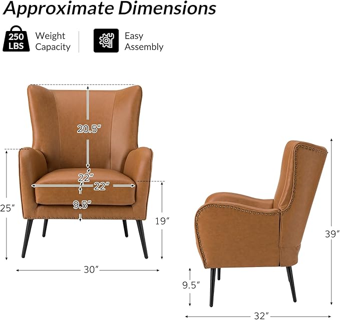 Upholstered Faux Leather Accent Chair with Black Metal Legs Comfy Armchair with Removable Cushion &amp Nailhead Trim Wingback Vanity Chair for Reading Living Room Bedroom