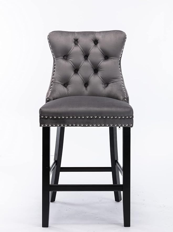 Modern Upholstered BarstoolsVelvet Bar ChairsSet of 2Wooden LegsLeisure Style Bar ChairsHigh Backrest ChairKitchen Island Chairs for CafesLiving RoomKitchenBarGray
