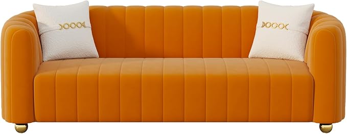 KEAI 83.46 Velvet Couch for Living Room Large Modern Sofa with Gold Metal Sphere Legs Office Upholstered Comfy 3 Seater Couches Cute Sherpa Bedroom Furniture (Orange)