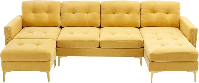 Merax Velvet L-Shape Sofa 4 Seat with Chaise and Movable Ottoman 110.6 Sofa Couch for Living Room Apartment Office (Yellow)