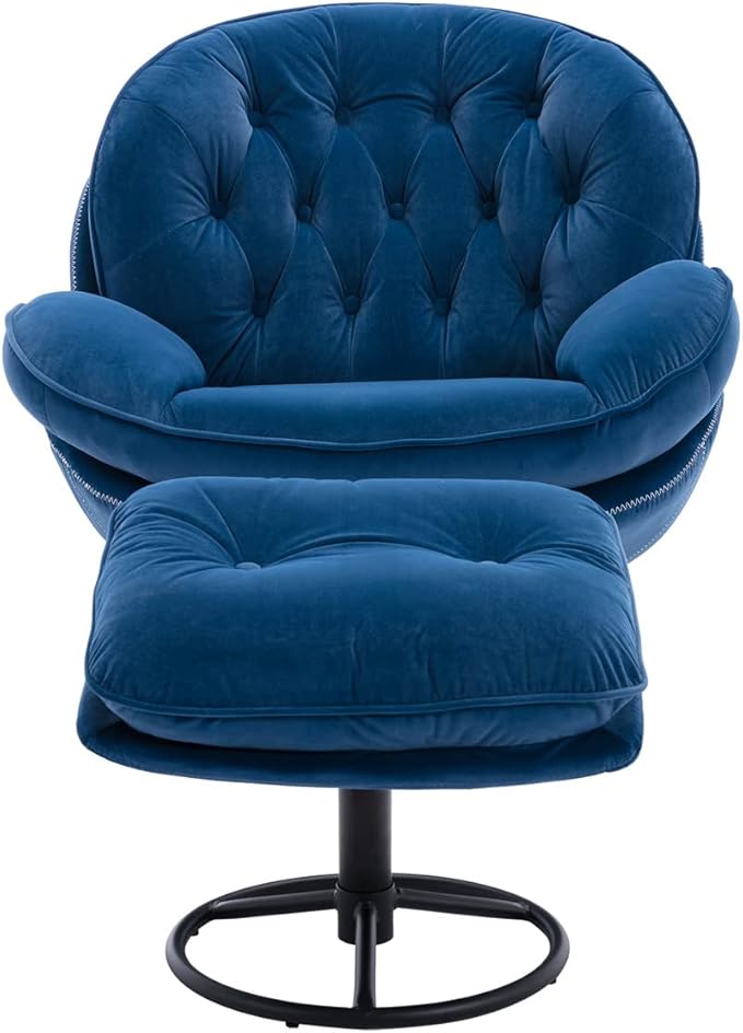TRIPLE TREE Modern Swivel Accent Chair Mid-Century Lounge Chair and Ottoman Set Velvet Upholstered Button Tufted Recliner Chair Reading Chair with Footrest for Living Room Indoor Bedroom Blue
