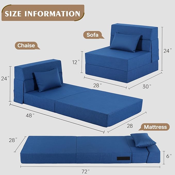Folding Sofa Bed Foldable Sleeper Chair with Pillow Convertible Fold Out Chair Bed with Washable Cover Foldable Mattress for Living Room Bedroom Guest Room Single Size Blue