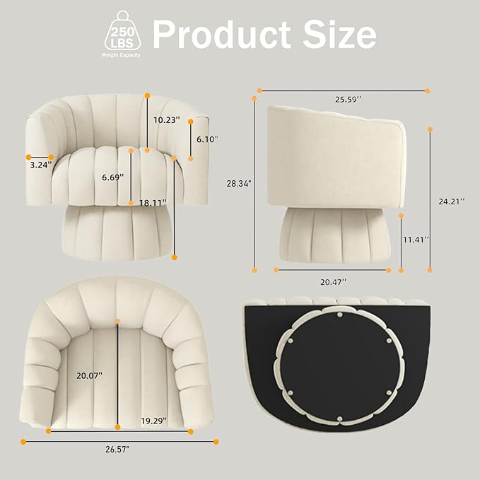 Modern Swivel Accent Chair Velvet Corner Chair Comfy Round Barrel Chair Cozy Armchair for Living Room Bedroom Office Spaces - Beige