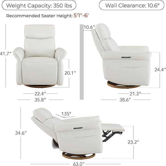 CHITA Genuine Leather Power Recliner Chair Electric Triple-Motor Swivel Glider Nursery Rocking Chair with Adjustable Power Headrest and Lumbar Support GREENGARD Gold Certified Creamy Grey