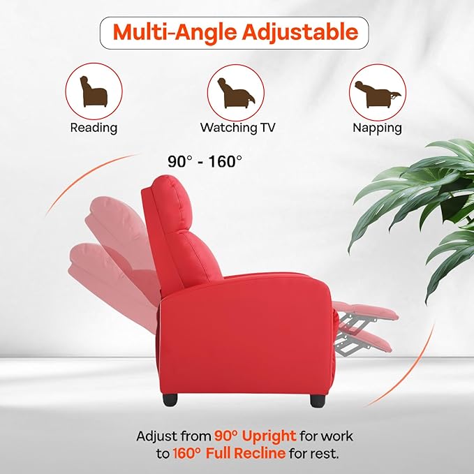 Recliner Chair PU Leather Massage Single Sofa Home Theater Seating Breathable Padded Reading Sofa with Footrest for Bedroom Living RoomRed