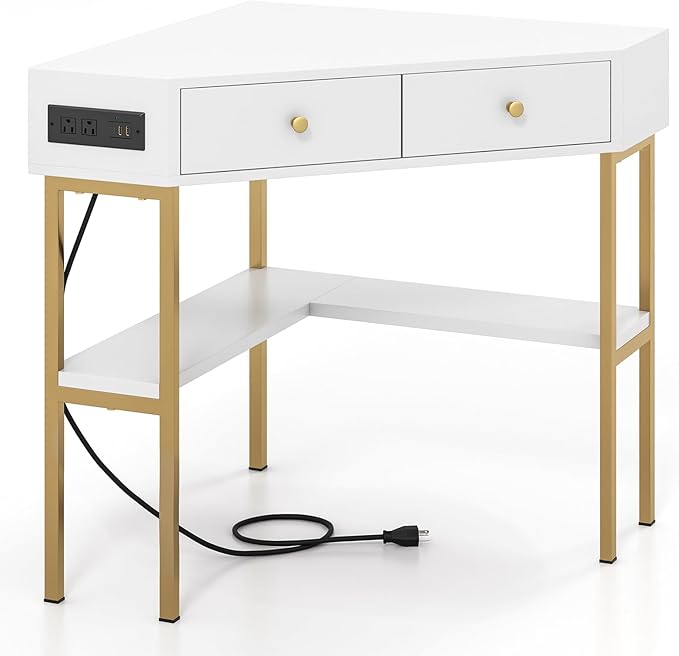 Corner Desk with Charging Station 90° Triangle Desk w/ 2 Drawers Storage Shelves Corner Vanity Table for Bedroom Compact Computer Desk for Small Space