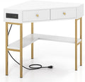 Corner Desk with Charging Station 90° Triangle Desk w/ 2 Drawers Storage Shelves Corner Vanity Table for Bedroom Compact Computer Desk for Small Space