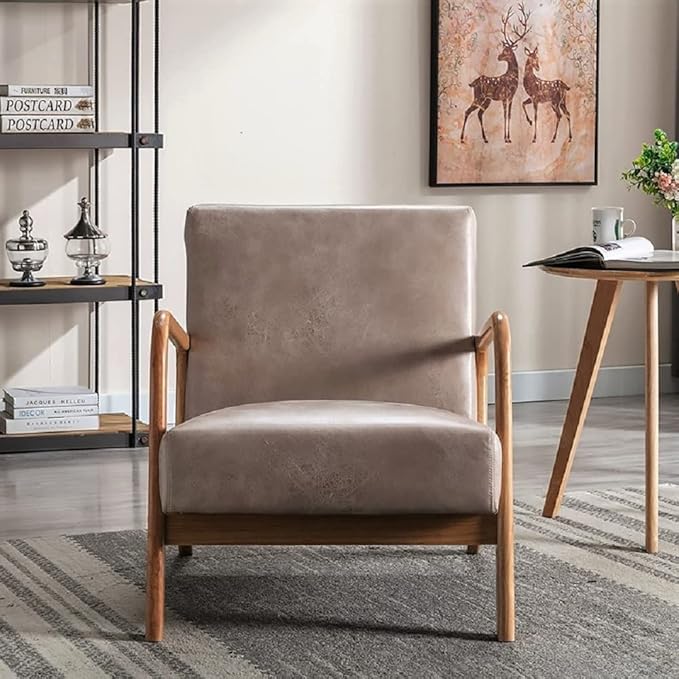 Classic Mid Century Modern Accent Chairs for Living Room or Bedroom Espresso Open ed Armchair with Plush Cushioning and Microfiber Upholstery Light Camel