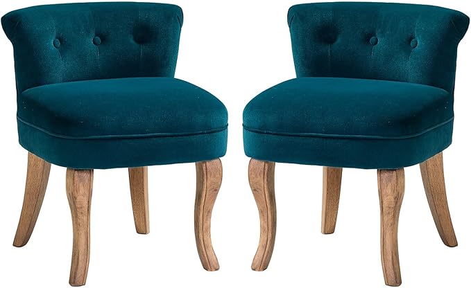 HULALA HOME Velvet Vanity Chairs with Low Back Modern Small Vanity Stool with Solid Wood Legs Upholstered Tufted Makeup Chair for Bedroom Living Room Dressing Women Girls Set of 2 Teal