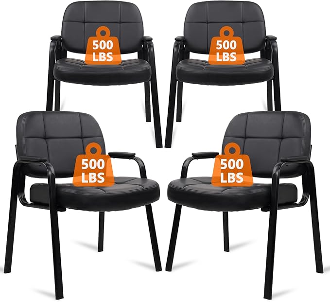 CLATINA Big &amp Tall 500 lbs Waiting Room Guest Chair Leather Office Reception Chair No Wheels with Padded Arms for Elderly Home Desk Conference Room Lobby Side Salon Clinic Black(4 Pack)