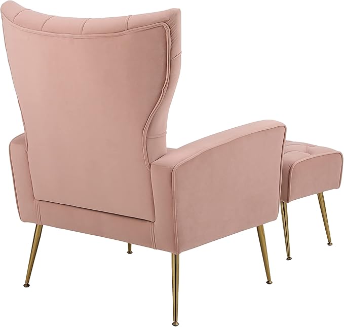 Velvet Accent Chair with Ottoman Modern Lounge Chair with Wing Backrest &amp Metal Legs Upholstered Single Leisure Sofa Chair Reading Chair for Living Room Bed Room Office (Pink)