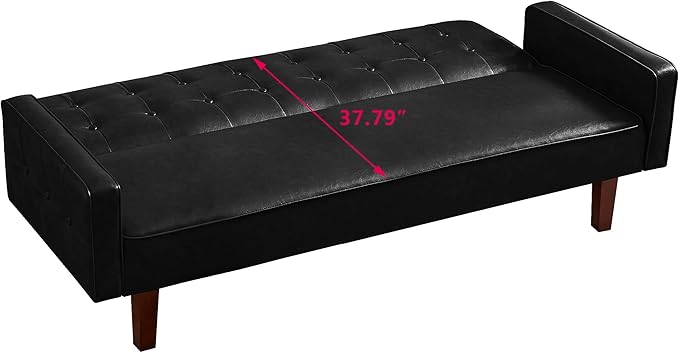 74.4 Faux Leather Couch Bed Sofa Bed Small Space Sleeper Couch with Adjustable Backrest Mid Century Modern Couches for Small Living Room Office Bedroom Apartment (Black)