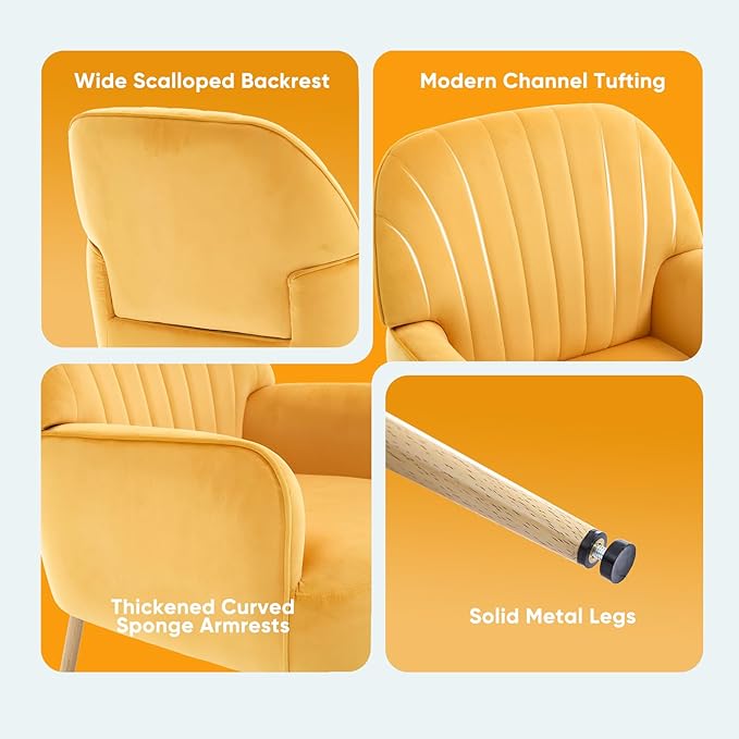 Velvet Accent Chair Mid Century Modern Accent Chairs for Living Room Comfy Upholstered Armchair with Metal Legs for Bedroom/Apartment/Office/Waiting Room Yellow